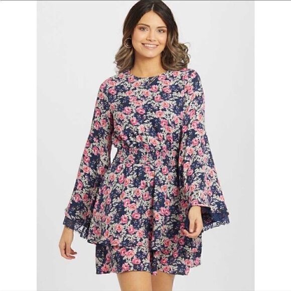 Altar'd State Dresses & Skirts - Altar'd State Size XS Navy Blue & Pink Floral Claudine Bell Sleeve Boho Dress